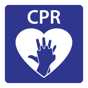 A blue square icon with a white heart containing two overlapping hands in the CPR hand‑placement position, with the letters “CPR” above it.